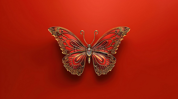 红色背景与青铜蝴蝶 3D 空间