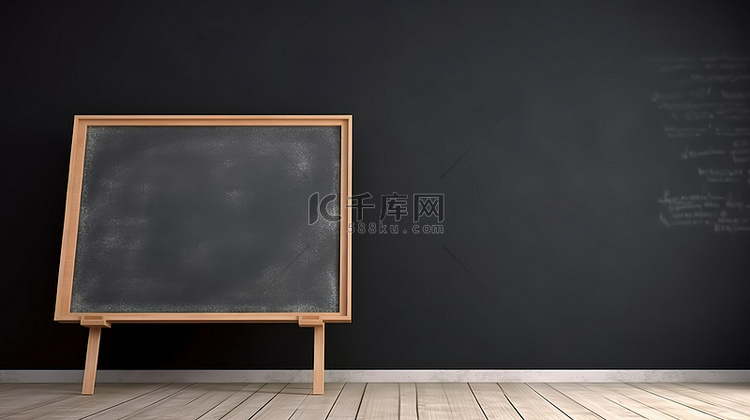 安装在教室墙上的空黑板的 3D