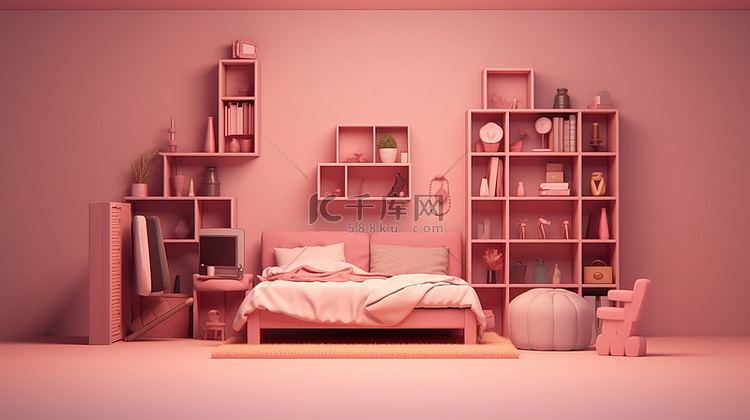 等距视图 3d 渲染中的粉红色房间