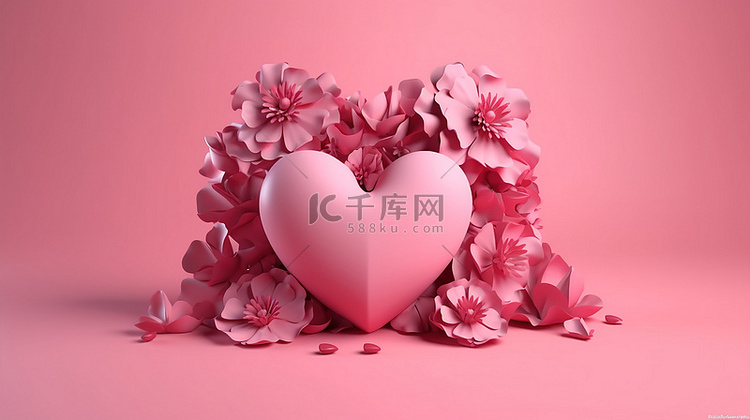 3d 粉红色背景中的情人节心和花
