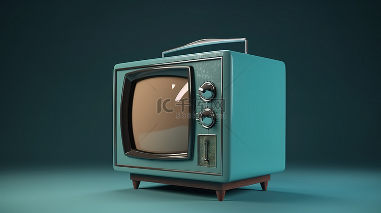 蓝色背景下 3D 渲染的老式电视