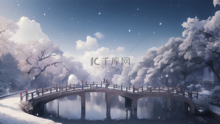 小桥树林白雪天空云朵