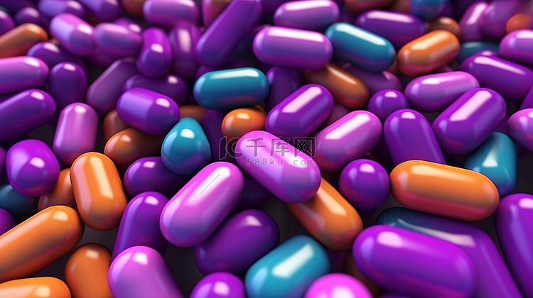 紫色背景下彩色胶囊的 3D 渲