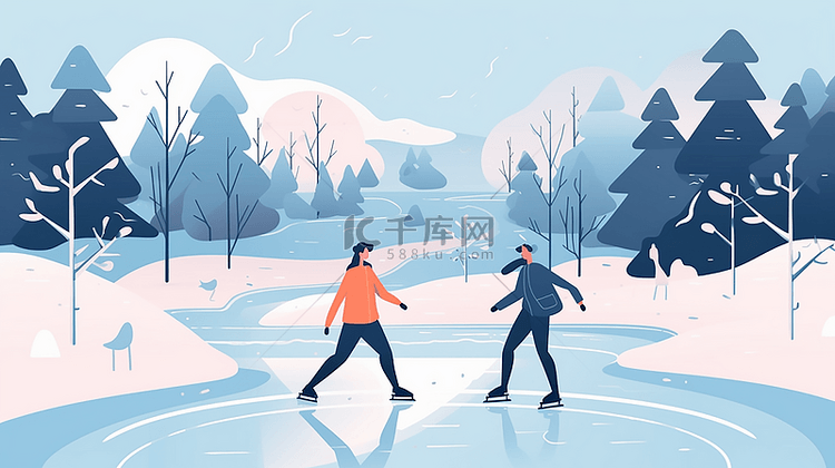冬季野外滑冰扁平插画背景