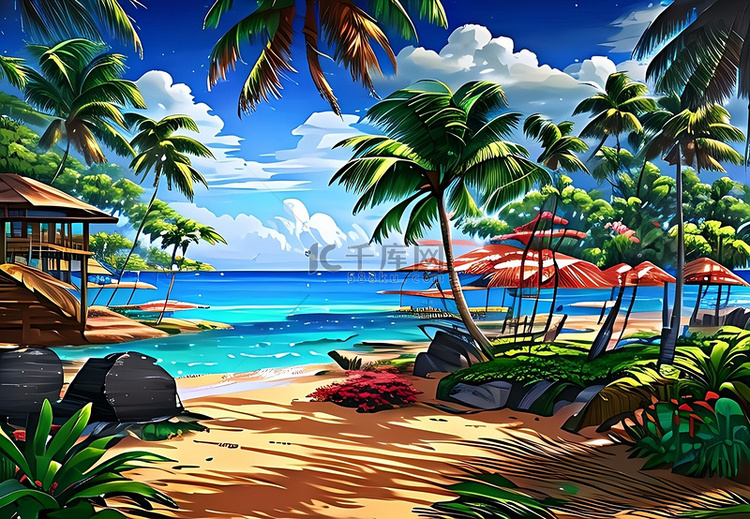 海滩椰子树景色卡通