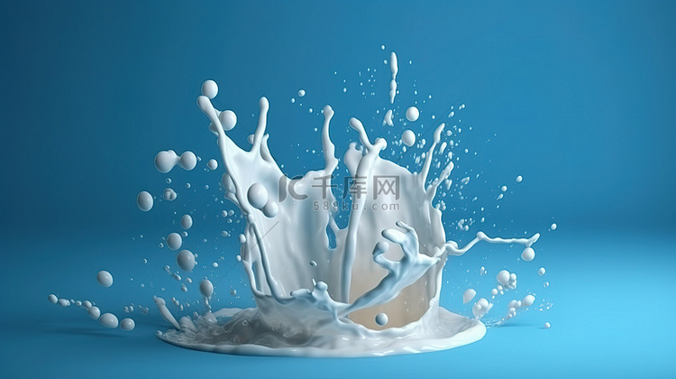 3D 渲染中带有牛奶飞溅的蓝色