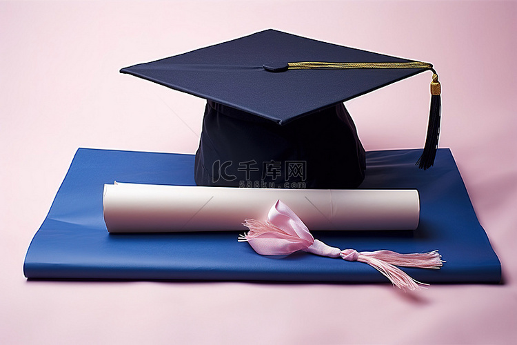 蓝色毕业帽位于文凭的包装纸上