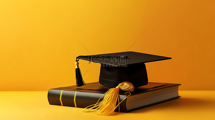 黄色背景上的学位帽和文凭的 3