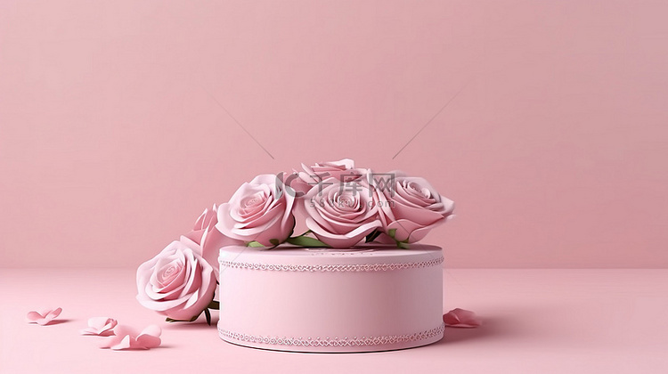 粉红色抽象背景上的情人节玫瑰礼