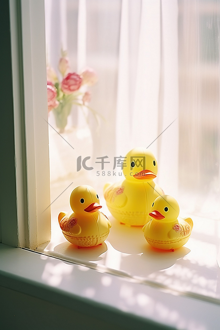 三只小鸭子坐在窗边