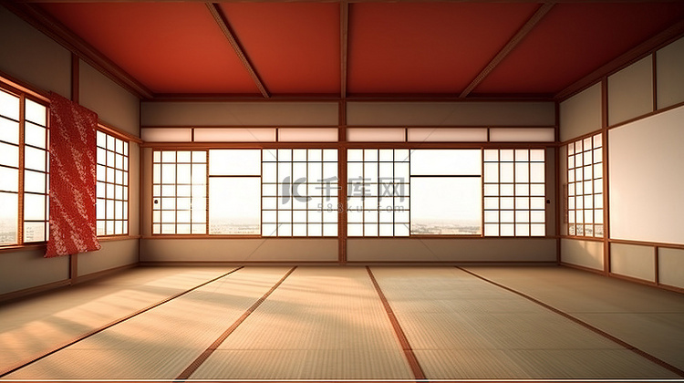 空房间的简约日本风格 3D 渲染