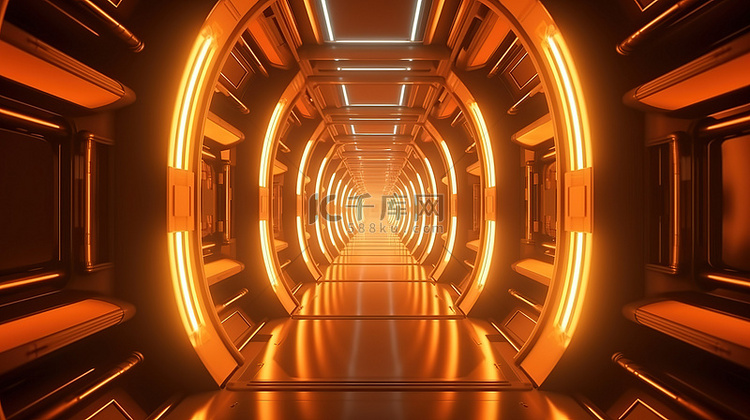 带有电发光的霓虹橙色科幻隧道走