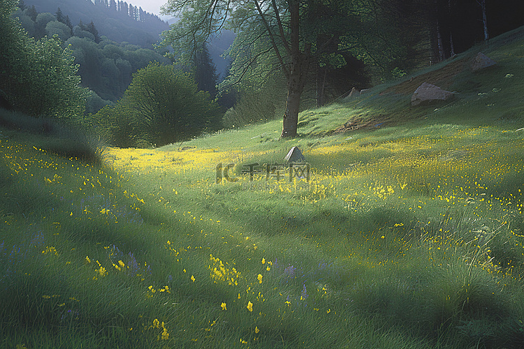 山谷和山脉之间长满黄色野花的森