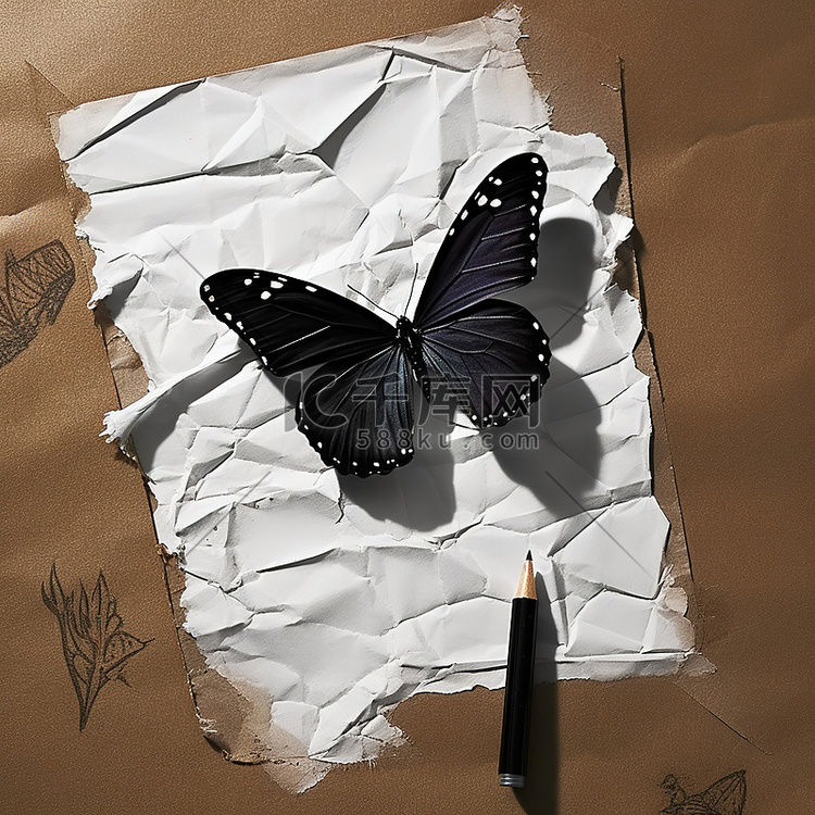 笔旁边的一张纸上有一只黑蝴蝶
