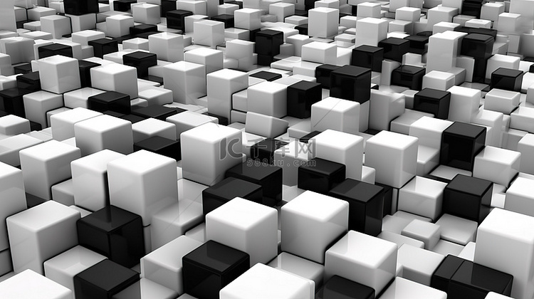 堆叠抽象立方体的单色 3D 渲染