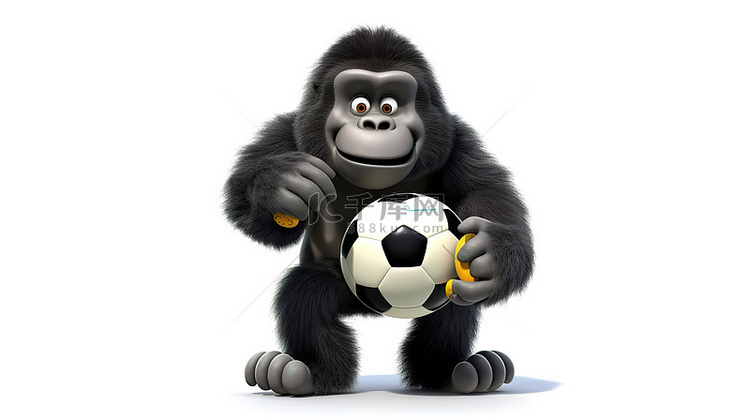 幽默的 3d 猿抓着足球