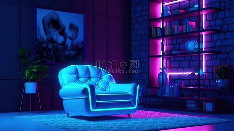 舒适房间的 3D 渲染，配有蓝