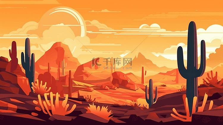 沙漠太阳云插画背景