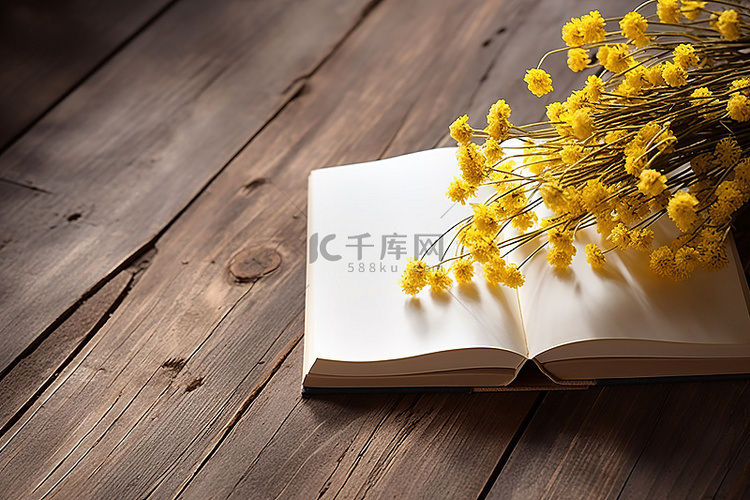 木桌上的一本书，开着黄色的花