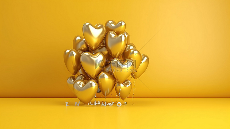 金色心形气球的 3D 渲染，在