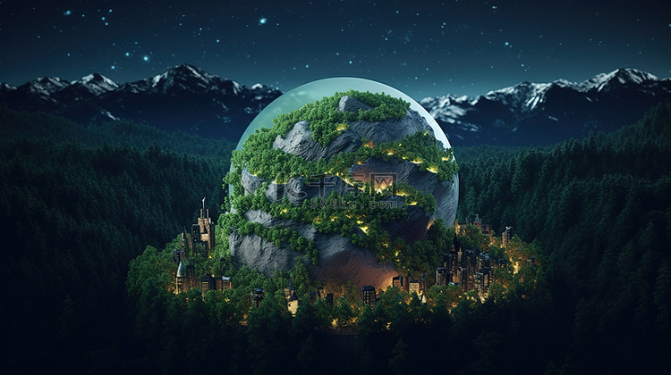 微型地球仪上的夜间城市森林和山