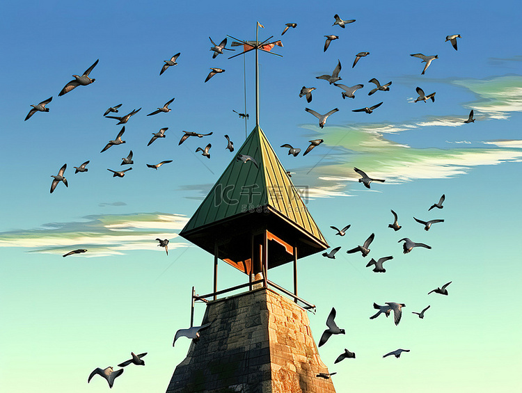 鸟儿在其周围飞翔的教堂塔楼