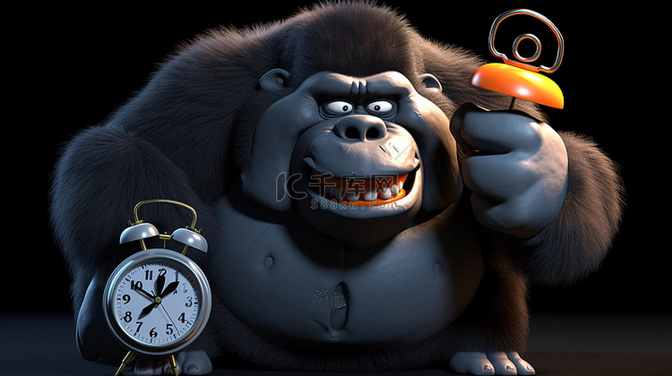 搞笑的 3D 超重大猩猩拿着闹钟