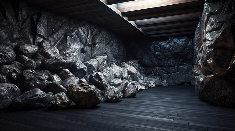 室内房间背景与 3d 渲染岩石