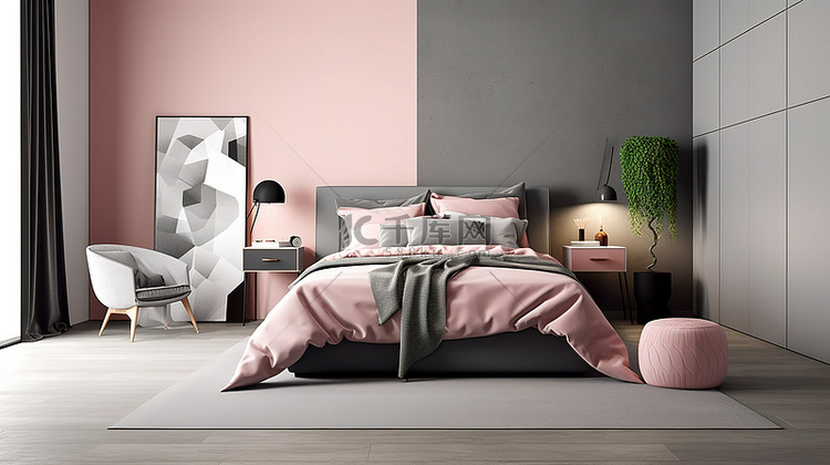 现代卧室装饰，粉红色调，灰色色
