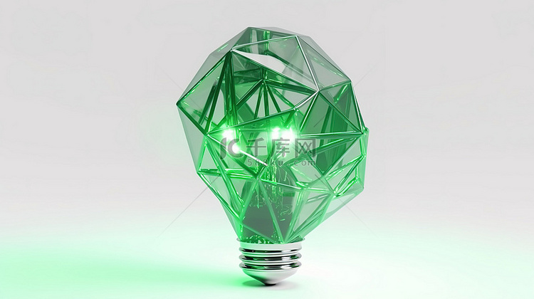 几何多边形中的绿色灯泡 3d 
