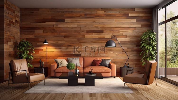 舒适客厅中的 3D 渲染木质装饰