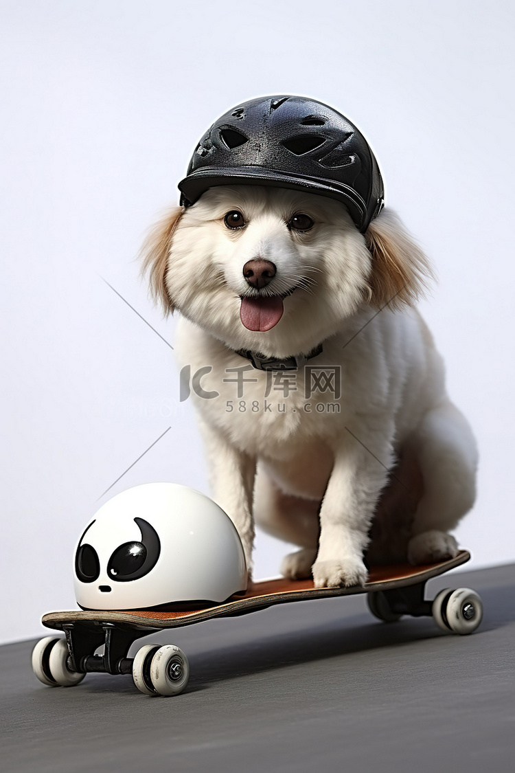 一只戴着滑板头盔的狗站在白色滑