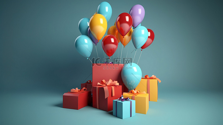 节日气球和礼品盒的插图 3D 渲染