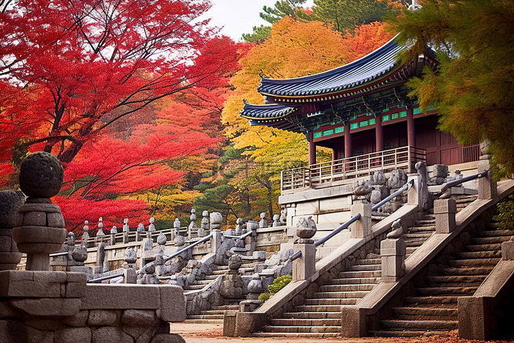 寺庙通向山坡，在凉爽的秋季环境