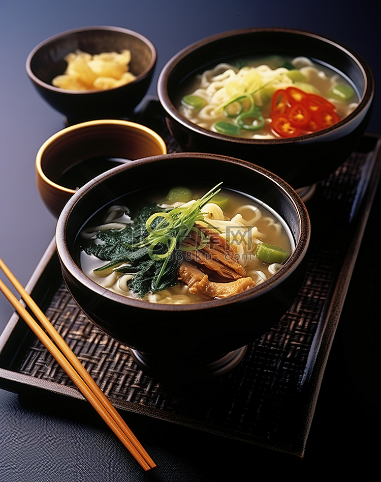 两碗黑面汤，筷子和碗蔬菜