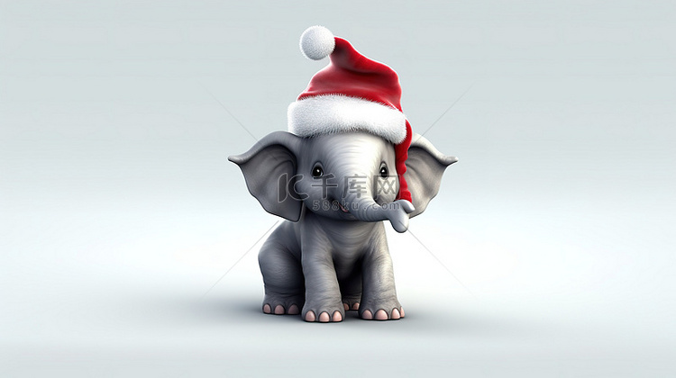 3D 大象插图与圣诞老人帽子增