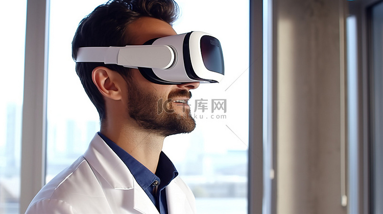 戴 3D VR 眼镜的男医生的详细视图