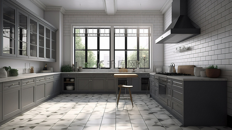 3d 现代厨房内饰，宽敞的窗户