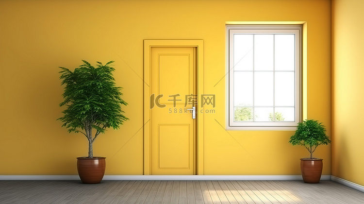 斯巴达黄色房间装饰着绿色植物 