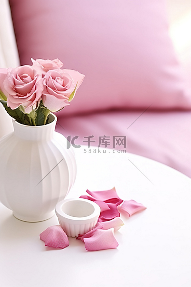 白桌上的小花瓶和粉红色的花朵，