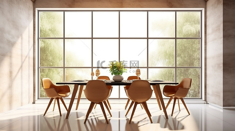 现代家居室内餐桌，配有木椅和窗