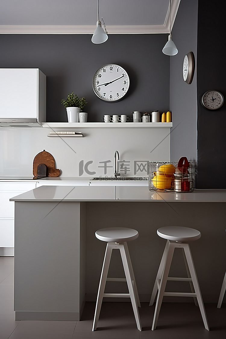 厨房配有白色和灰色橱柜凳子和时