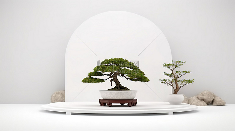 白色背景日本石讲台与盆景树的 