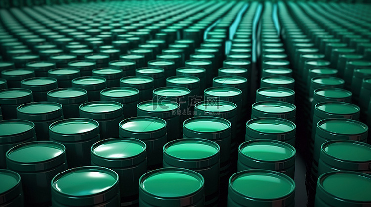 3D 渲染插图中堆叠的绿色气桶