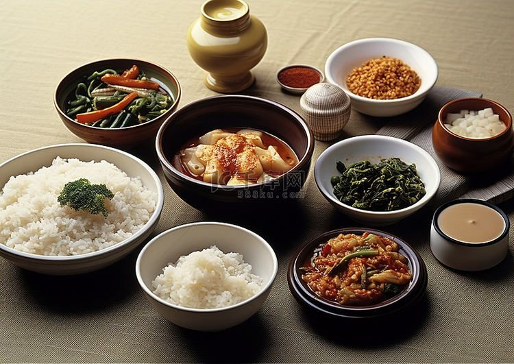 碗里的豆腐与米饭和其他食物