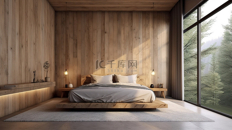 极简主义风格的卧室，配有木质装