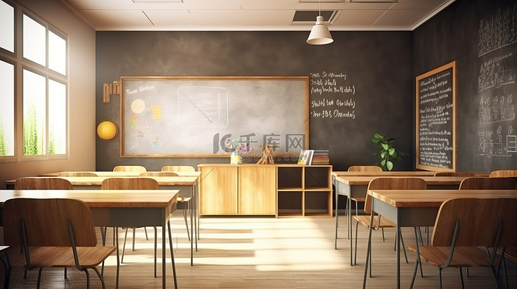 时尚的教室配有空白黑板 3D 