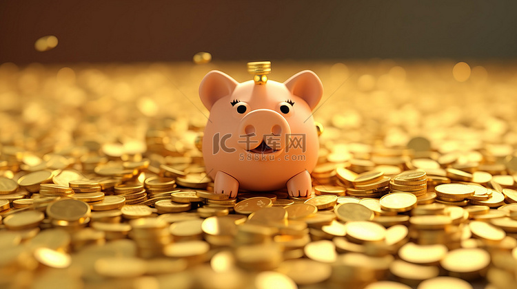 猪躺在一堆比特币上的 3D 渲染