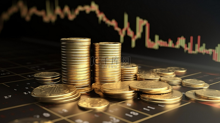 金融投资概念一叠金币与交易图的