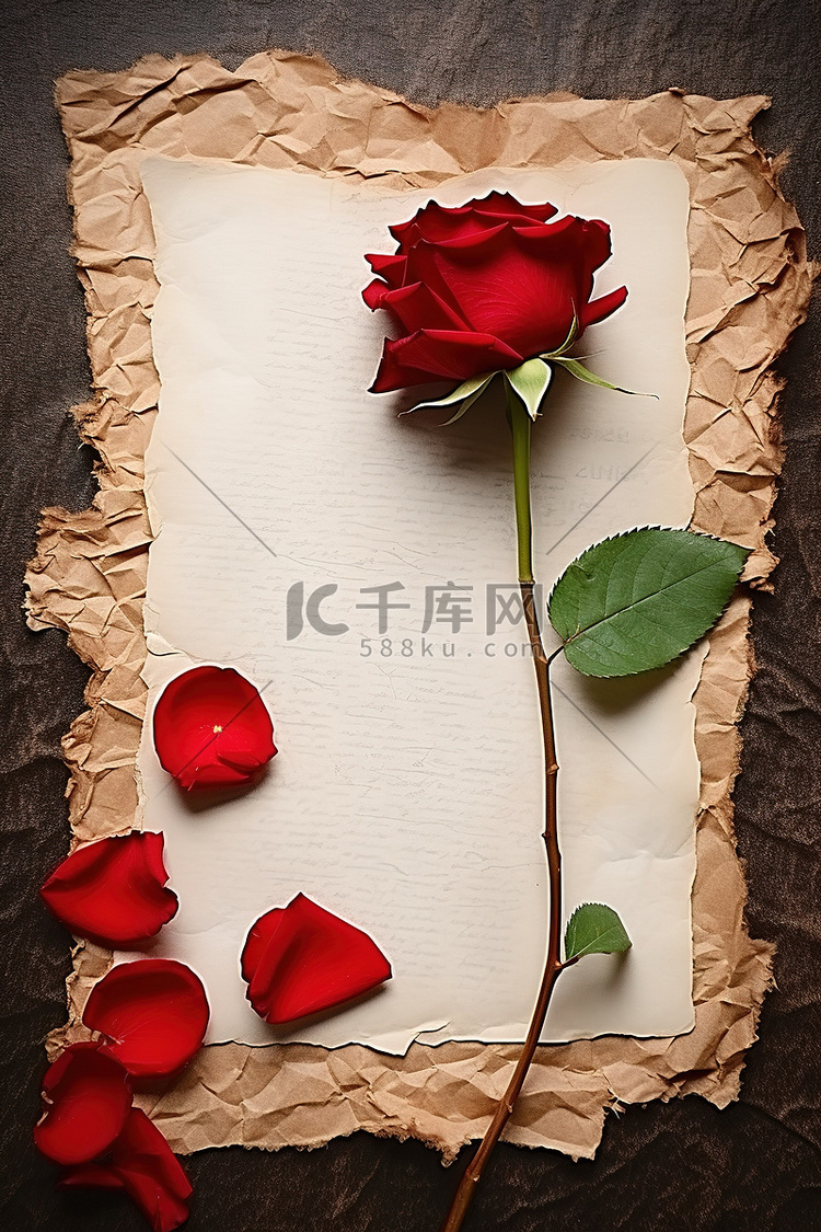 桌子上的一张纸和一朵红玫瑰